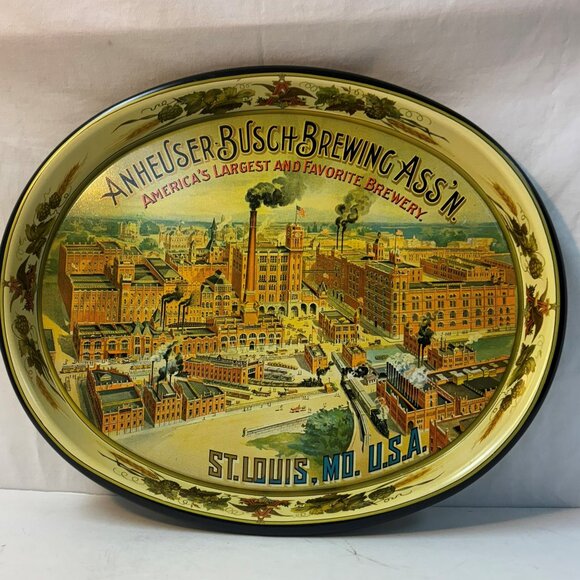 Anheuser-Busch Vintage Reproduction Metal Serving Tray (Brewery Buildings) oval